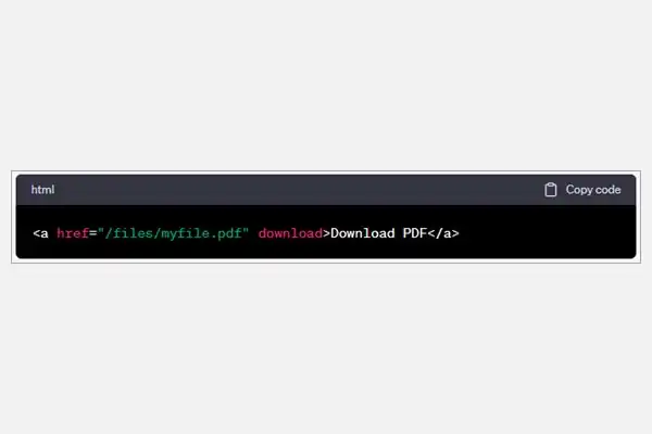 Image shows what a Download hyperlink looks like in HTML code.