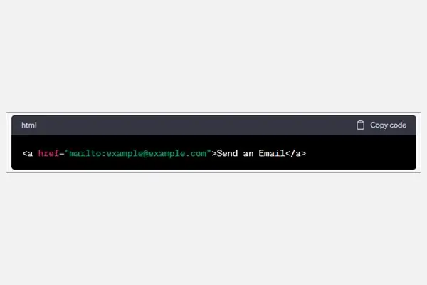 Image shows what an Email hyperlink looks like in HTML code.