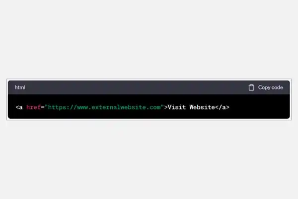 Image shows what an External hyperlink looks like in HTML code.
