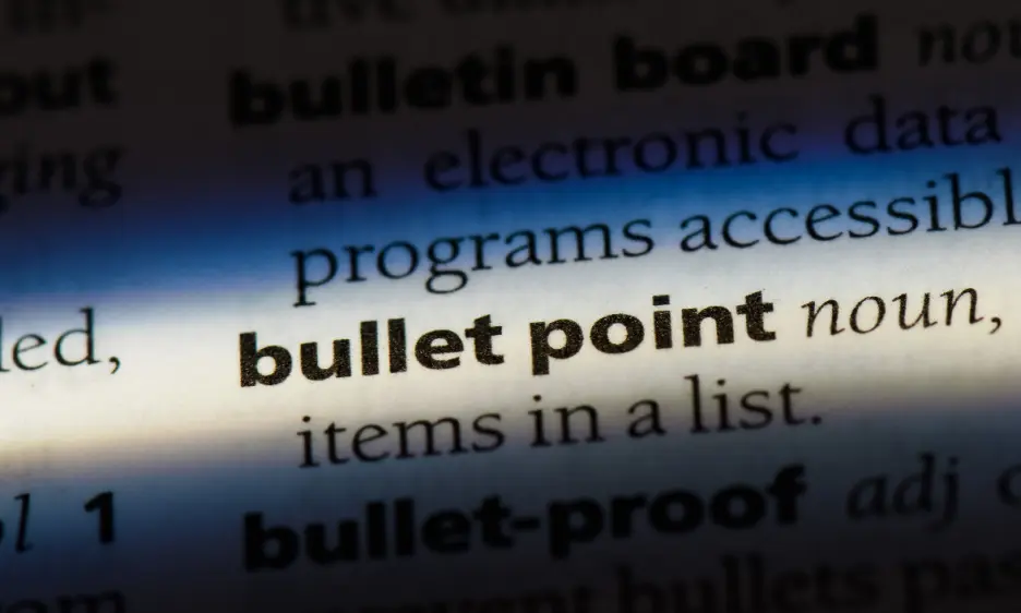 Image with text explaining that bullet points are items in a list.