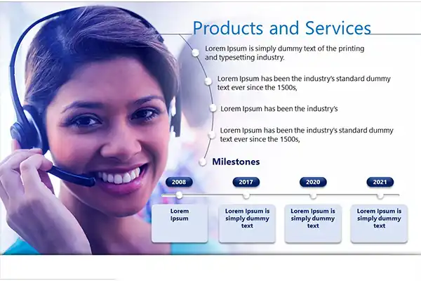 Example of a Products and Services slide in a Company Profile PPT.